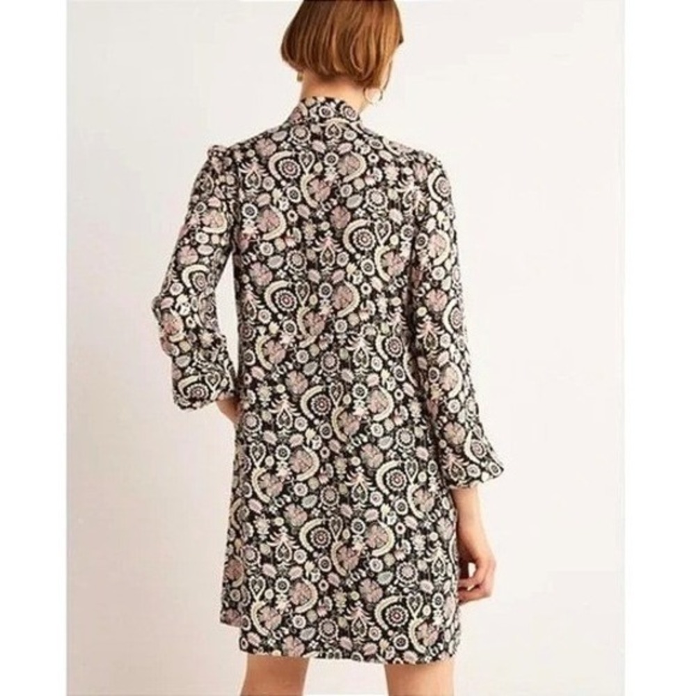 Boden Black Gold Paisley Metallic Lurex Tie Neck Mini Dress Pockets US 12 D0440 - Picture 2 of 12
